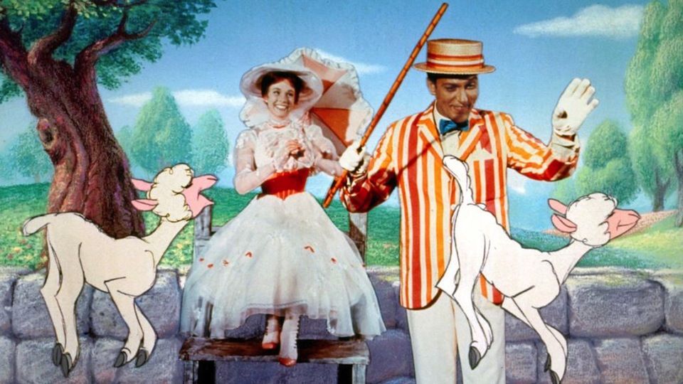 Julie Andrews as Mary Poppins and Dick Van Dyke as Bert looking at cartoon lambs during a scene in the Disney movie Mary Poppins.