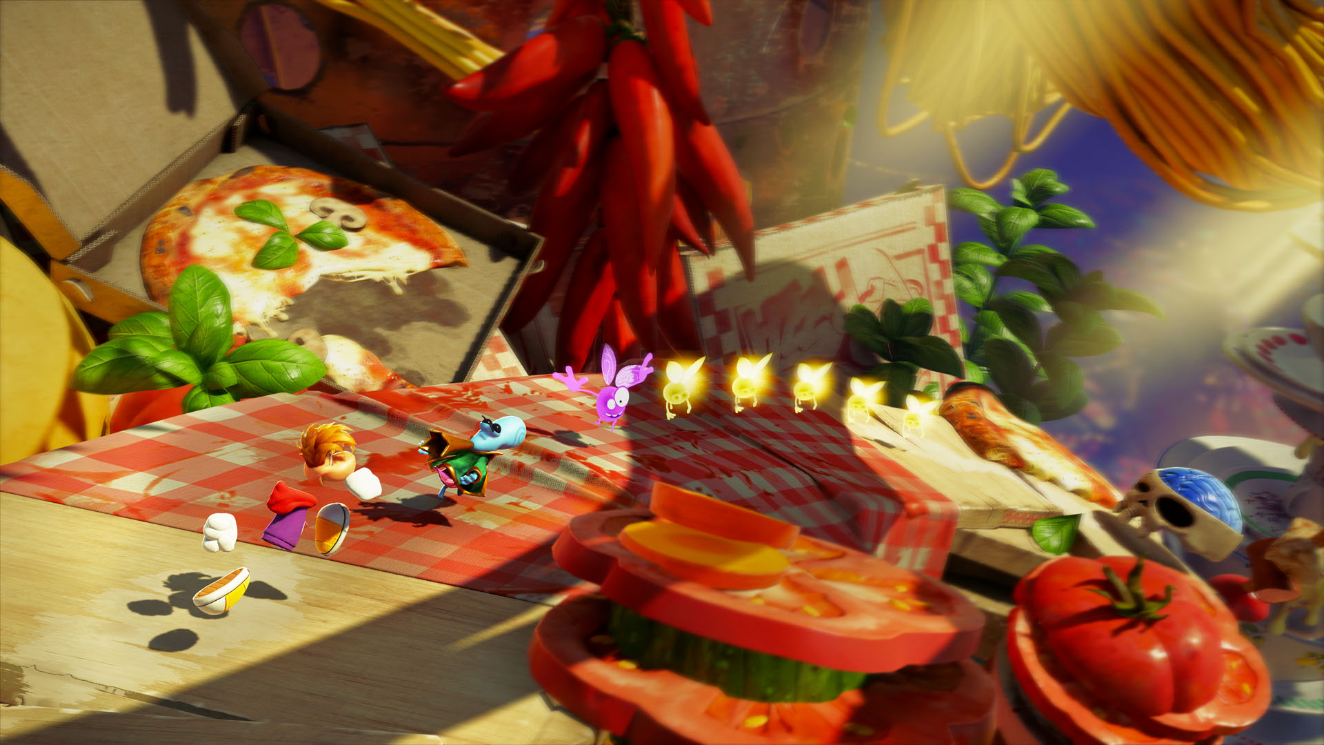 Rayman runs into the background through a food-theme level as he collects glowing yellow and purple lums in Rayman Legends Retold