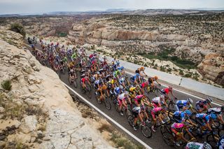 The peloton rides through the red rocks of Southern Utah during the 2013 Larry H. Miller Tour of Utah.