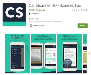 Screenshot of CamScanner HD page in Google Play Store website.