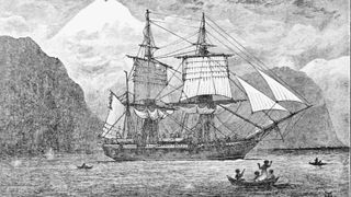 An old drawing of the HMS Beagle in black and white