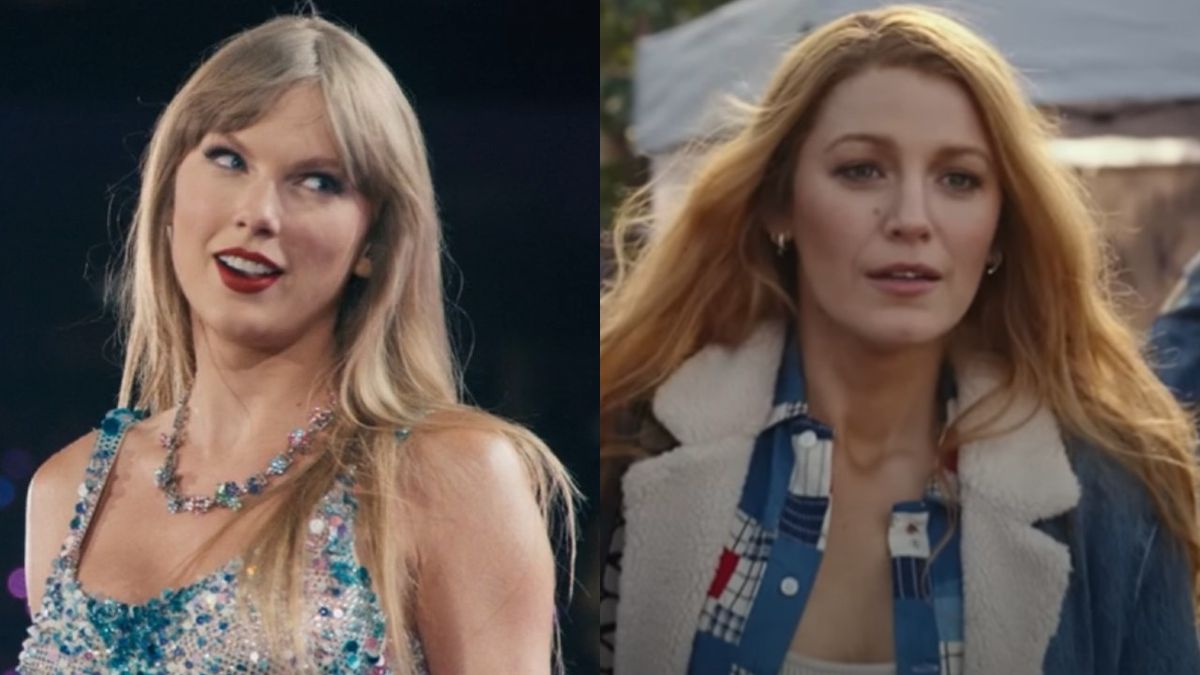 From left to right: Taylor Swift looking to her right in The Eras Tour and Blake Lively looking forward in It Ends With Us.