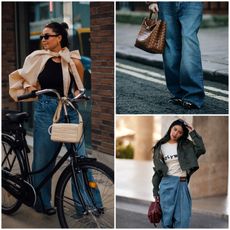 collage of women wearing baggy jeans