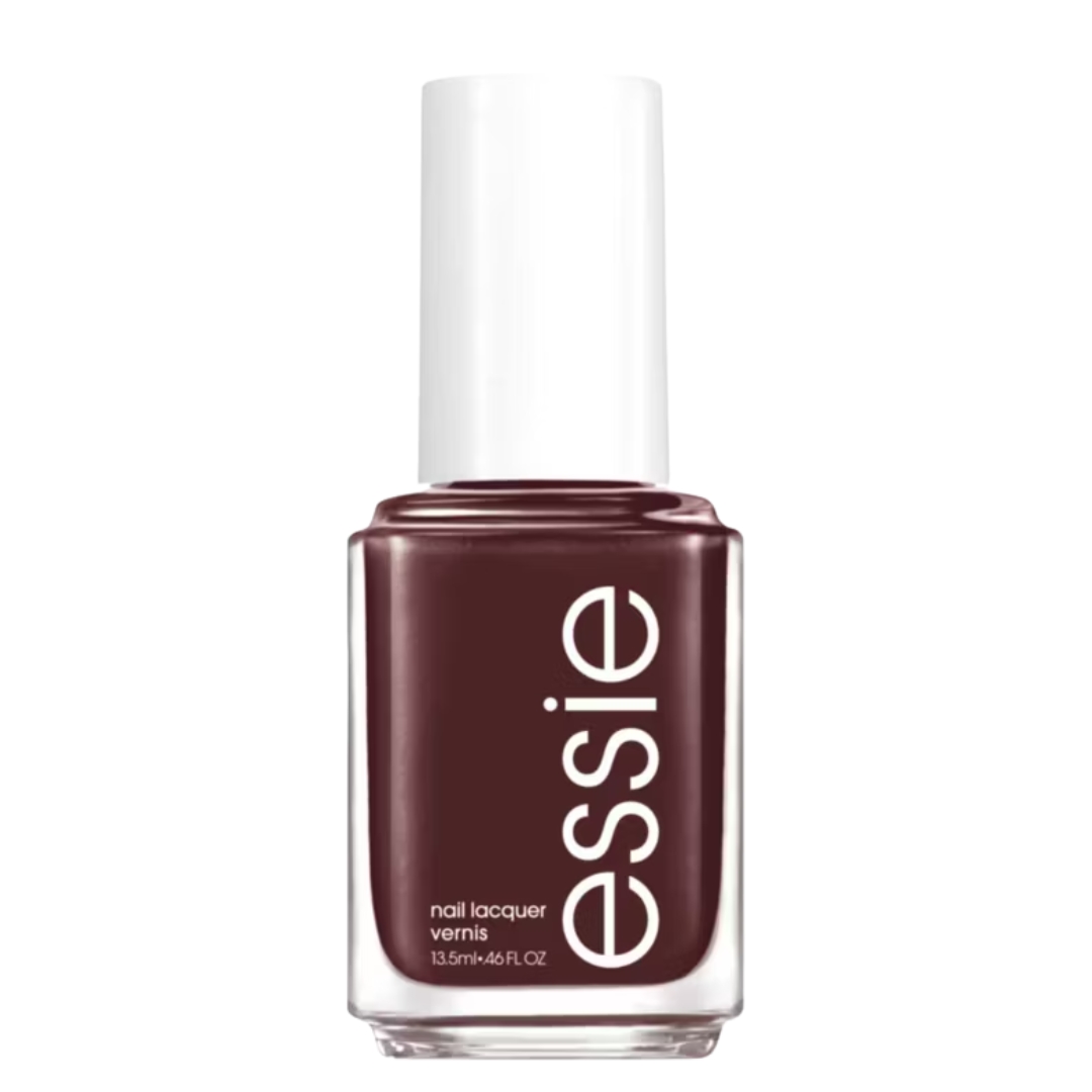 A product shot of the Essie nail polish in shade no to-do (a dark brown colour), on a white background
