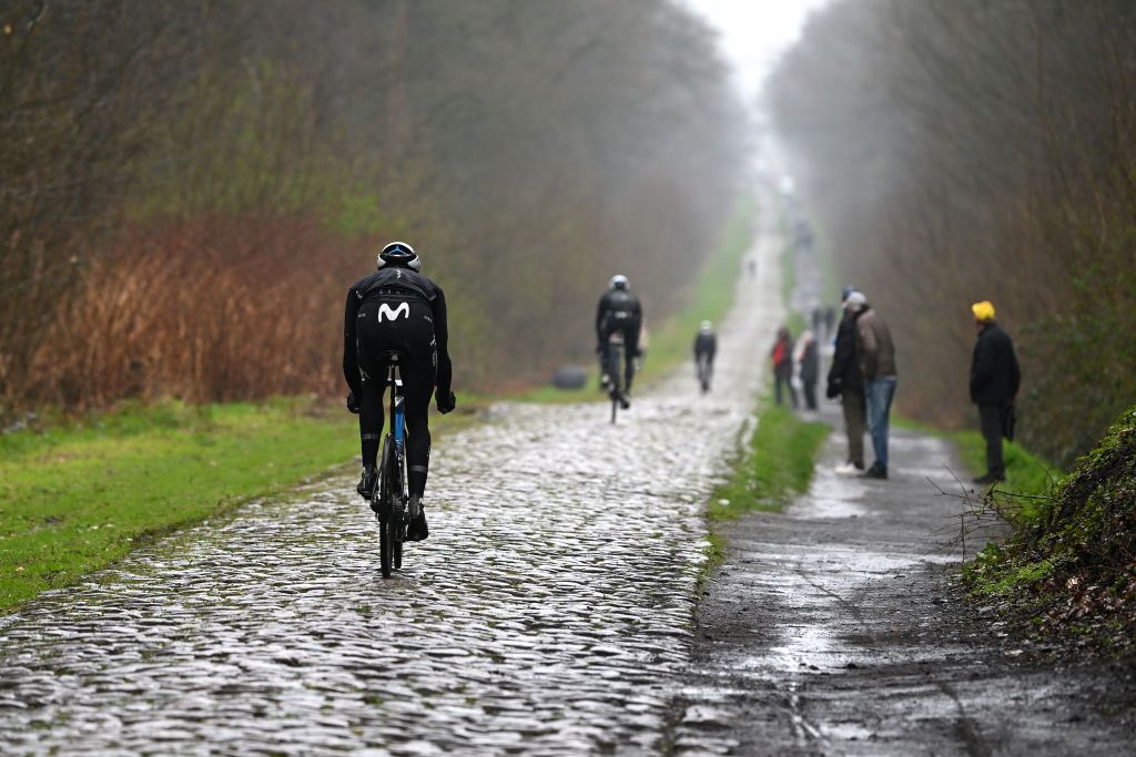 ROUBAIX FRANCE APRIL 06 Rider detail view of Movistar Team during the ParisRoubaix 2023 Training Day 1 UCIWT on April 06 2023 in Roubaix France Photo by Luc ClaessenGetty Images