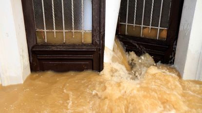 picture of muddy flood waters rushing through a door