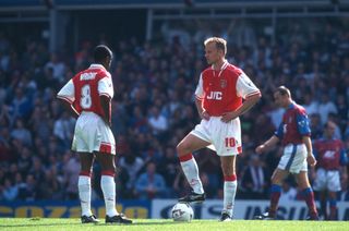 7 September 1996 - FA Carling Premiership - Aston Villa v Arsenal - Ian Wright and Dennis Bergkamp of Arsenal wait to kick off. - (Photo by Mark Leech/Offside via Getty Images) Manchester United