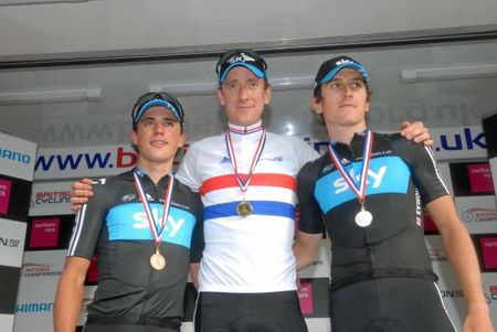Podium left to right: Peter Kennaugh, Bradley Wiggins and Geraint Thomas