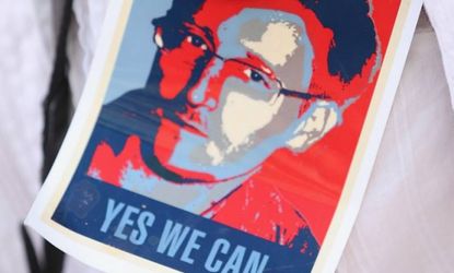 A demonstration against the electronic surveillance tactics of the NSA on July 27 in Berlin. Edward Snowden, who leaked details on many of these secret tactics, has finally left the Moscow ai