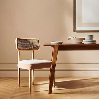 A mid-century modern dining chair in a neutral room