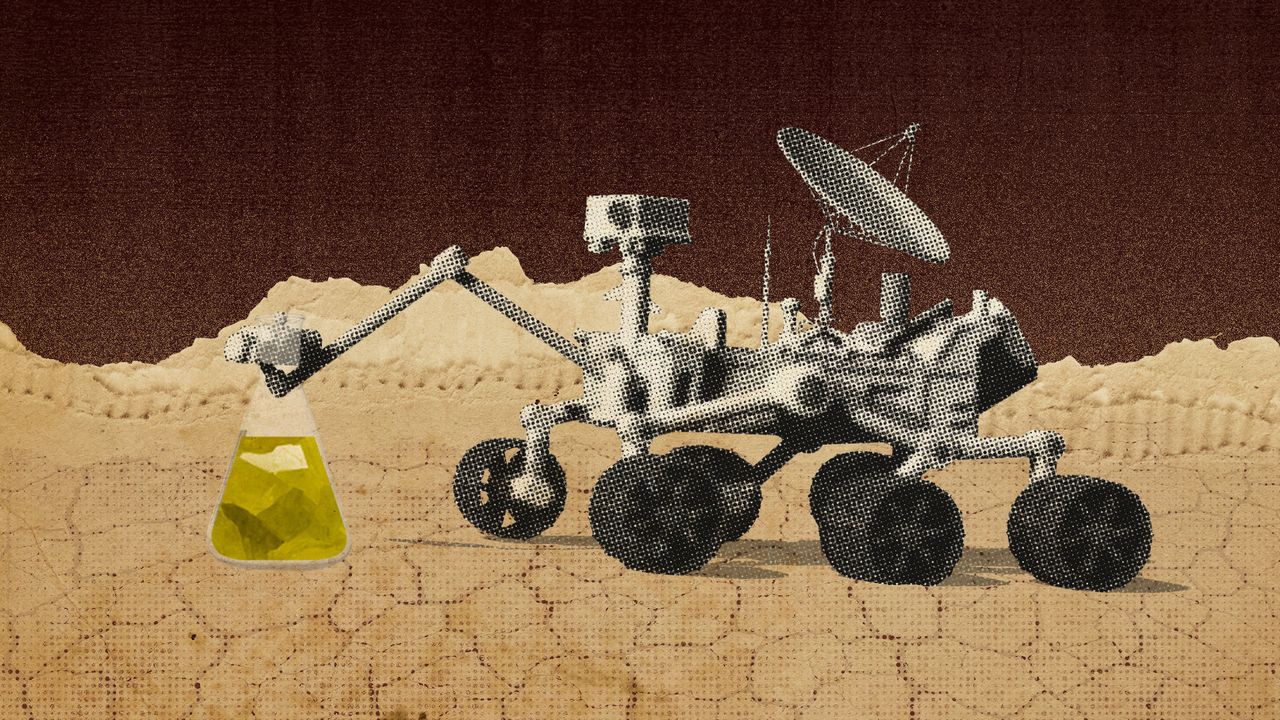 Photo collage of the Mars rover holding up a beaker full of sulphur crystals