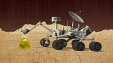 Photo collage of the Mars rover holding up a beaker full of sulphur crystals