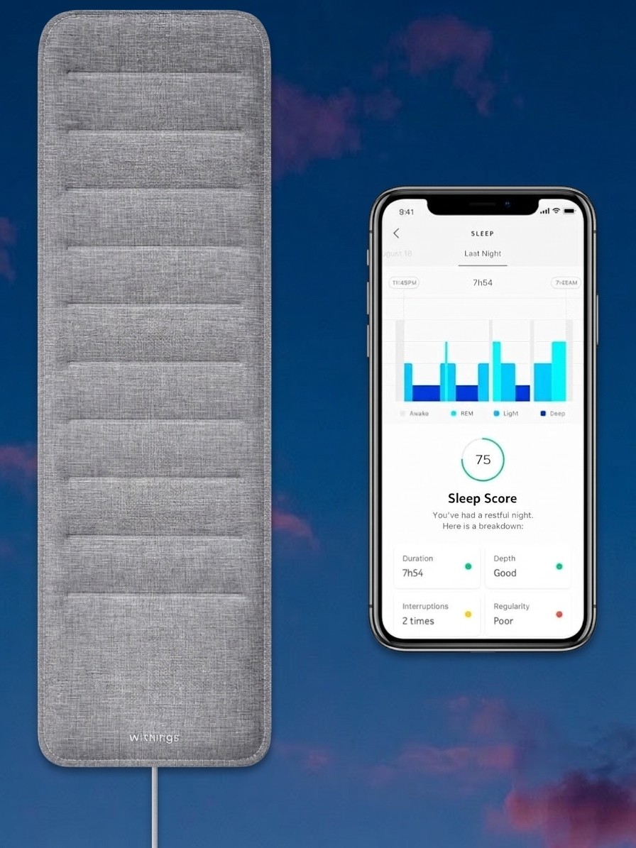 The Withings Sleep Mat and a phone showing the Withings Health app against a background of a dark sky edited by Gemini