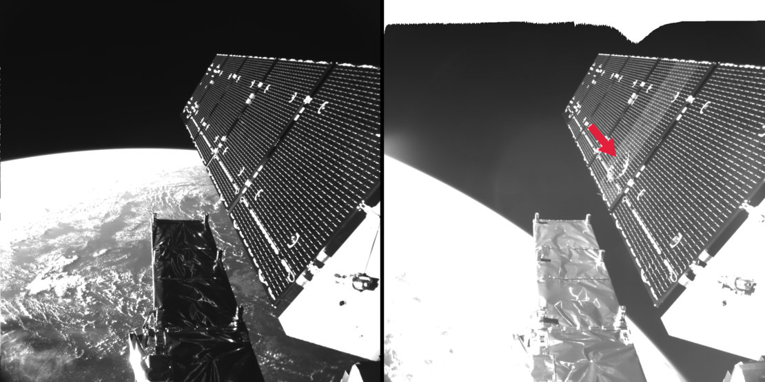 Sentinel-1A’s solar array before and after the impact