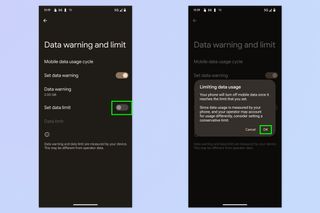 A screenshot showing how to enable data limits on Android