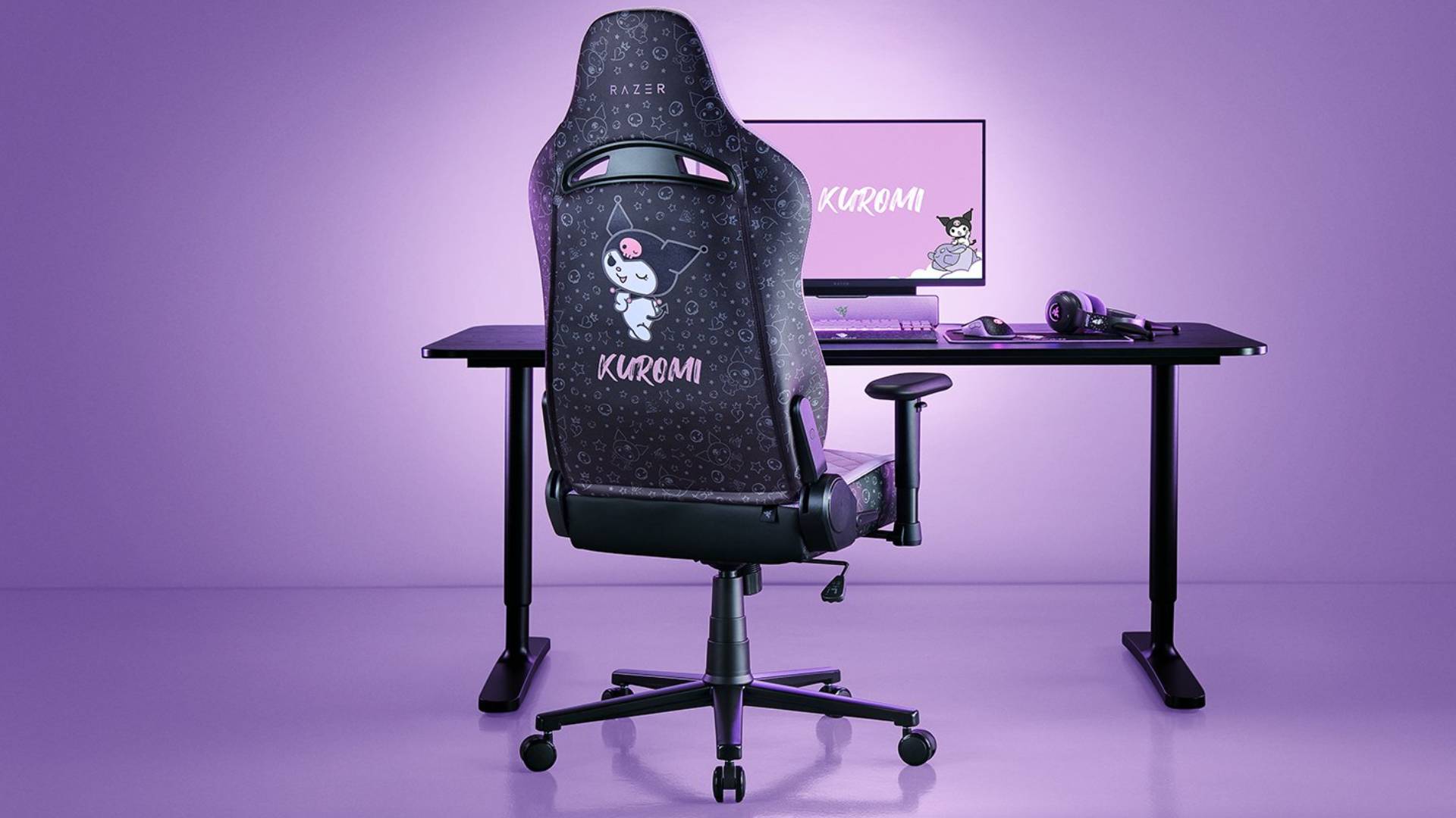 Official promo image of the Razer Enki X gaming chair, with a purple background.