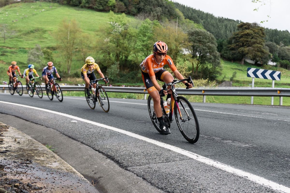 Evelyn Stevens (Boels Dolmans) leads on the long descent - Emakumeen Bira 2016 Stage 3 - A 105 km road stage starting and finishing in Berriatua, Spain on 16th April 2016.