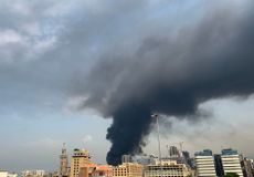A picture shows smoke from a huge fire raging in Beirut port on September 10, 2020.
