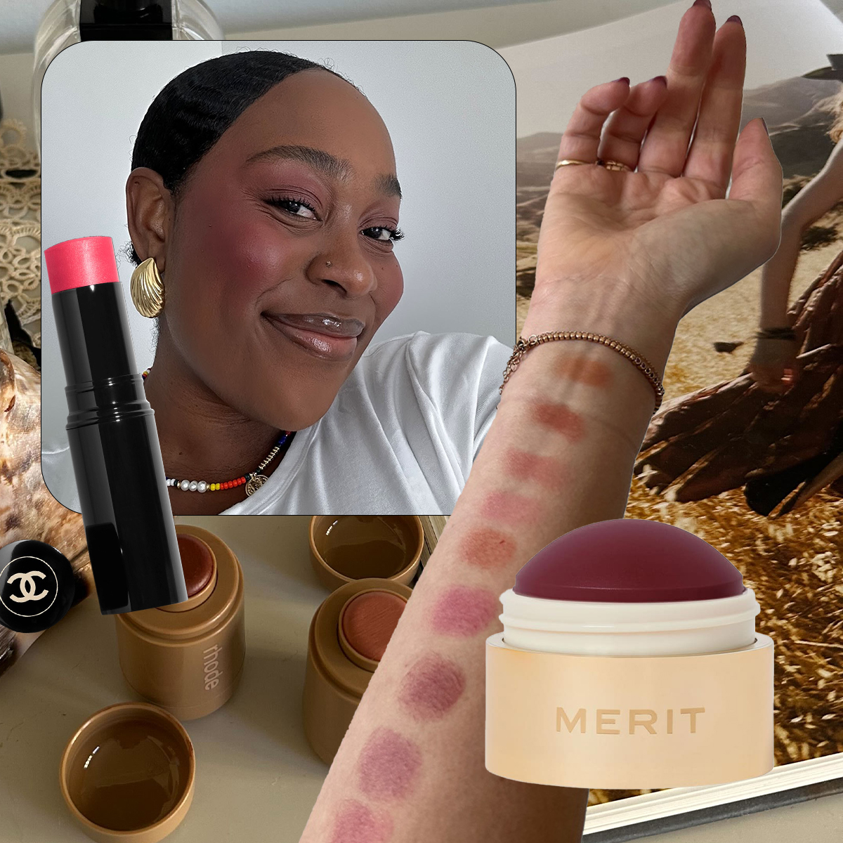 Collage of Who What Wear editors testing the best blush sticks 