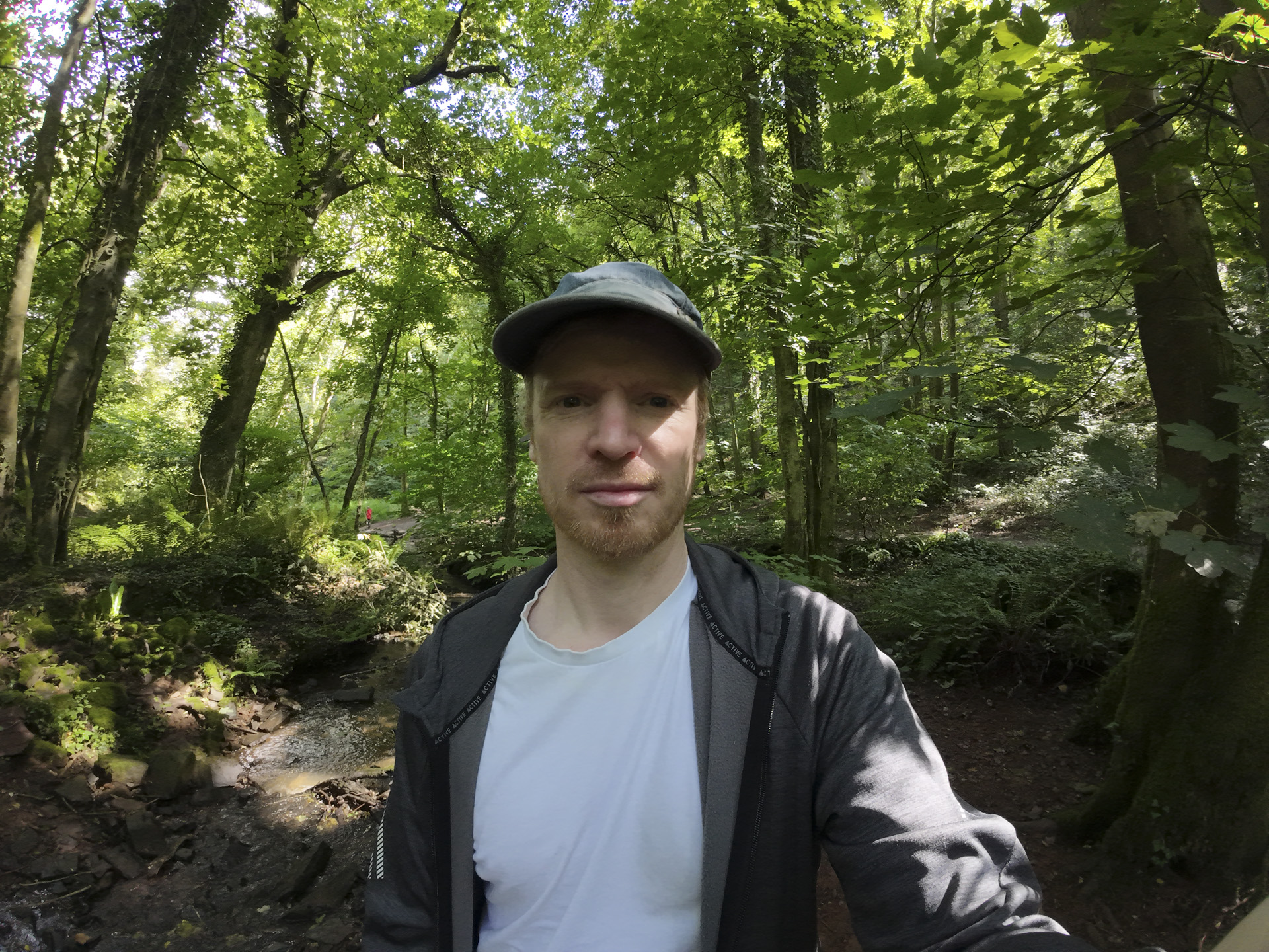 Selfie in UK Woodland in the sun and shade with ultra-wide field of view