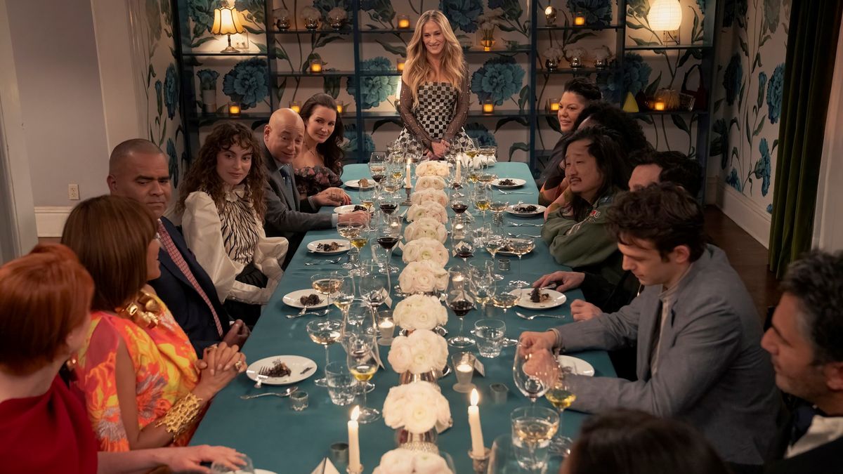 Cast of And Just Like That at Carrie&#039;s dinner party in And Just Like That season 2