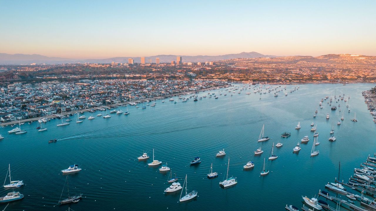 an image of newport beach, with boats in the sea and buildings in the background