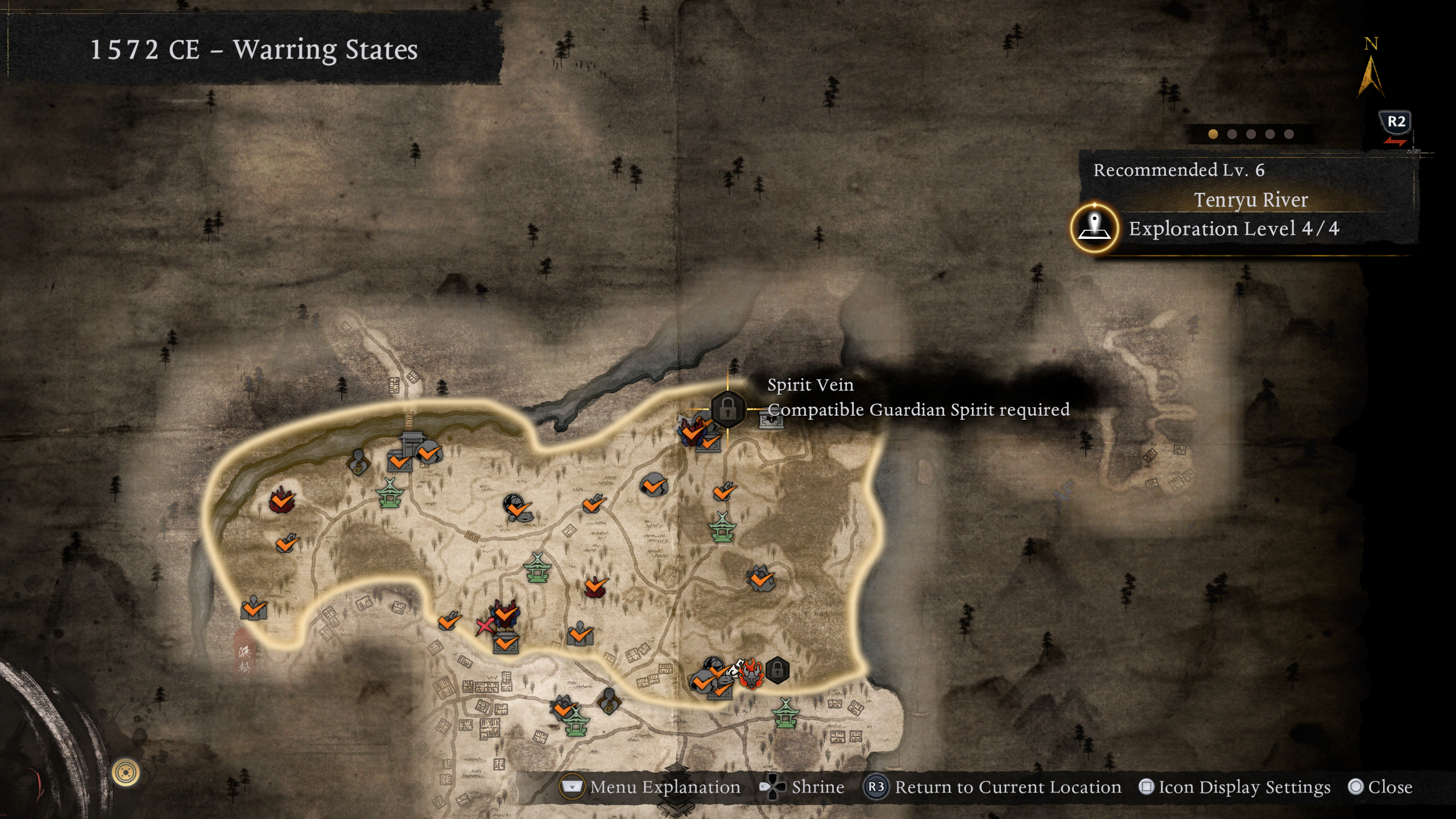 Nioh 3 Spirit Veins: A map showing an inacessible Spirit Vein in Tenryu River.