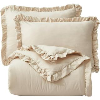 Chezmoi Collection Nora 3-Piece Light Sand Ruffled Edge Trim Microfiber Comforter Set, Queen Size