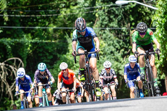 Riders try to get off the front on todays steep climb at the US Pro Road Race National Championships on June 24, 2018 in Knoxville, Tennessee