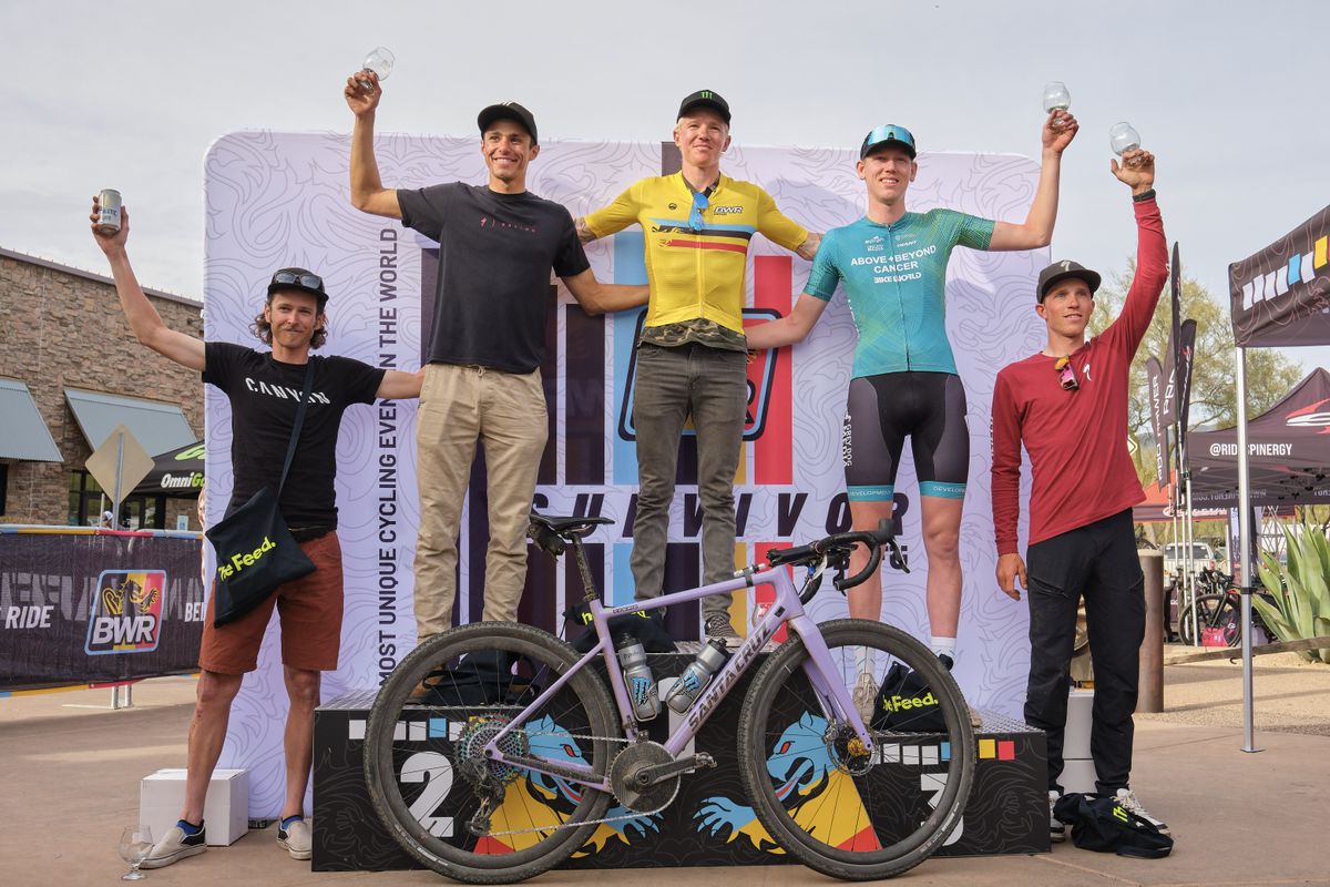 Elite men's 'waffle' podium at 2023 BWR Arizona, won by Keegan Swenson (centre)