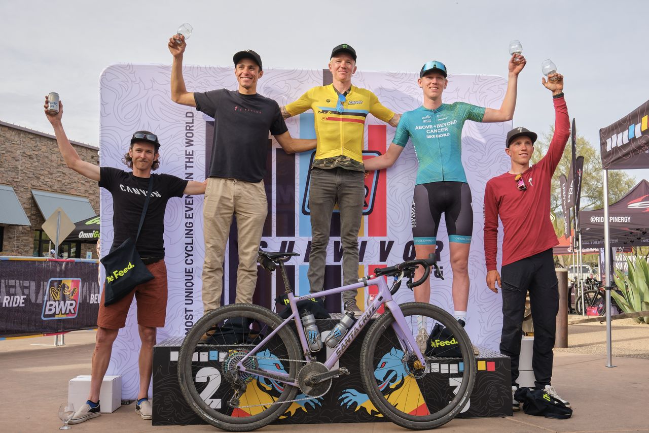Elite men's 'waffle' podium at 2023 BWR Arizona, won by Keegan Swenson (centre)