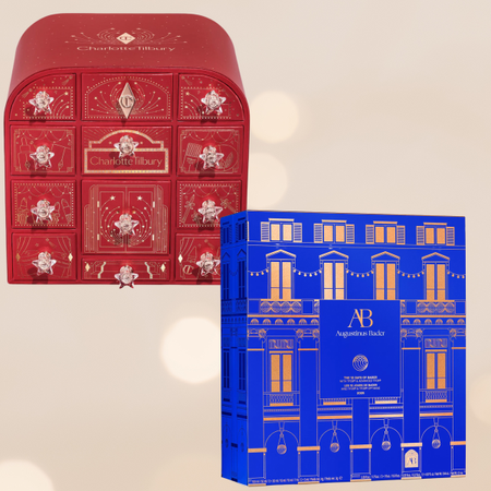 Advent calendars from Charlotte Tilbury and Augustinus bader. The left one is red and the right one is blue.