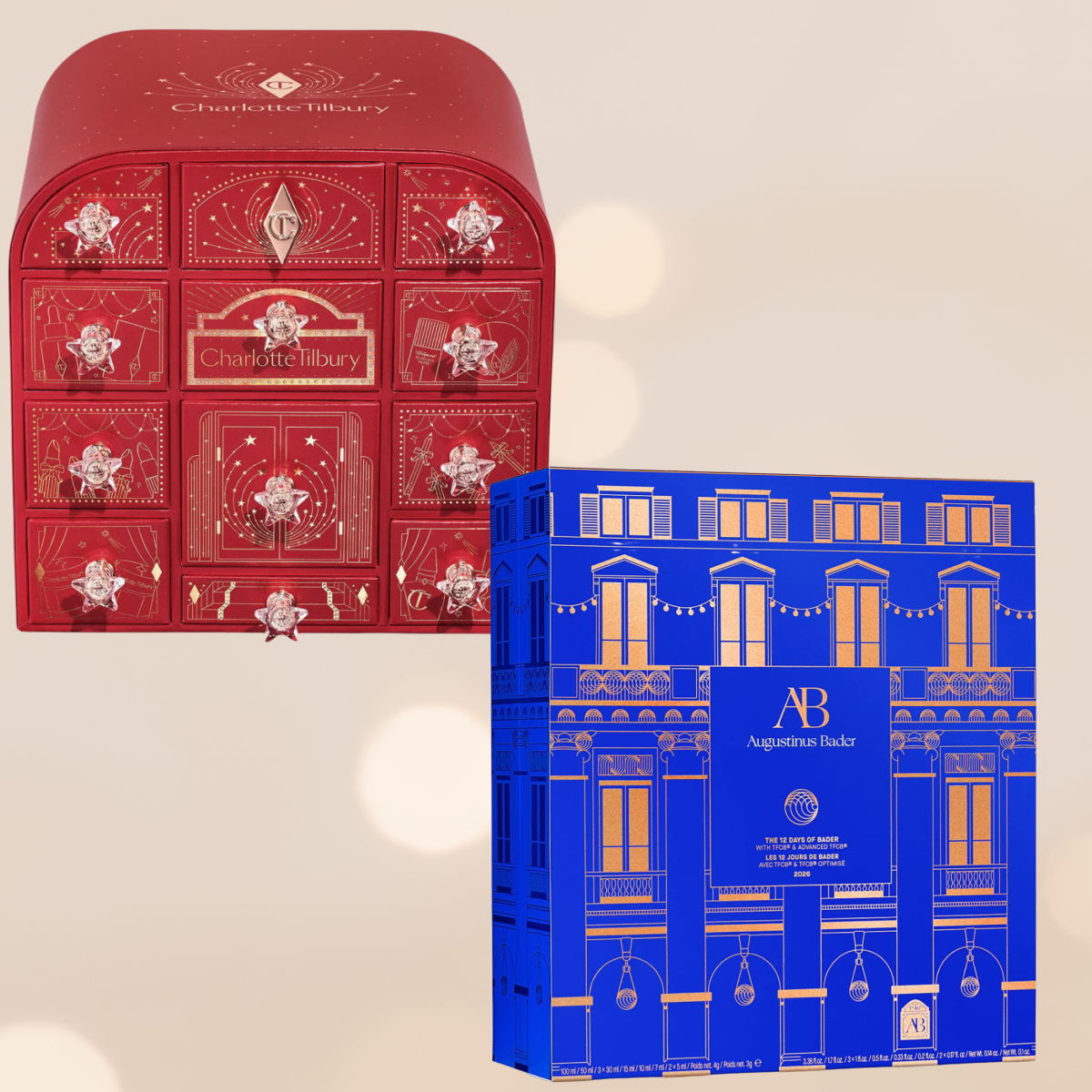 Advent calendars from Charlotte Tilbury and Augustinus bader. The left one is red and the right one is blue.