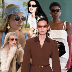 a collage of influencer, celebrity, and runway images featuring the biggest sunglasses trends of 2025