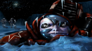 Art from Battlezone 1998, showing a frozen Soviet cosmonaut trapped in the ice of an alien planet, staring into the camera through a broken helmet.