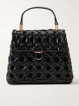 Sybil Leather-Trimmed Rattan and Canvas Shoulder Bag
