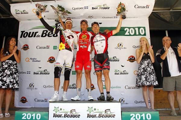 First podium at Tour de Beauce 2010 (l-r): Sergiy Grechyn (Amore &amp; Vita - CONAD), Rafael Serrano Fernandez (Heraklio-Murcia) and Charles Dionne (Fly V Australia).