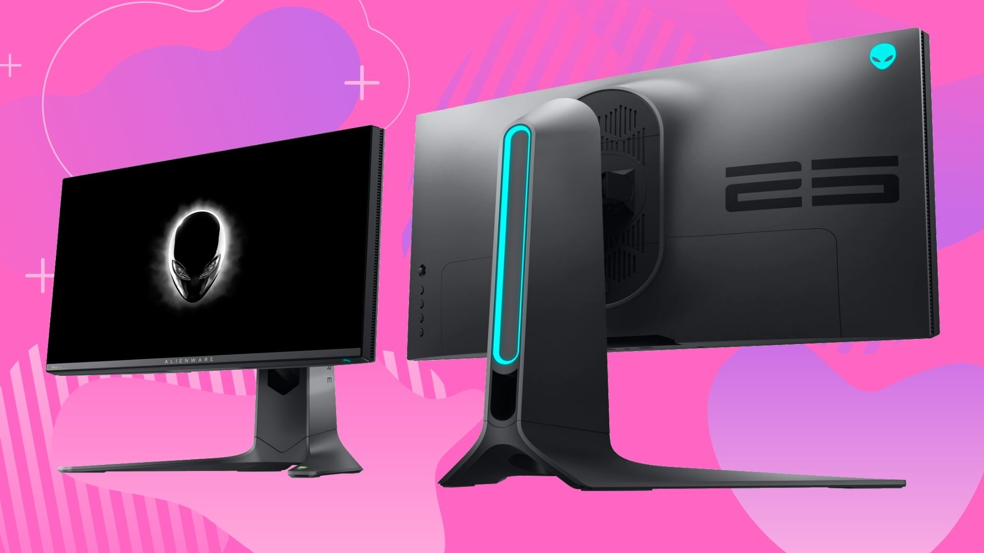 Two Alienware gaming monitors on a shiny background