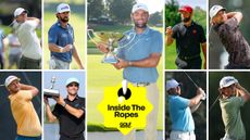 Scottie Scheffler centered with eight golfers to the right and left with a yellow Inside The Ropes logo central