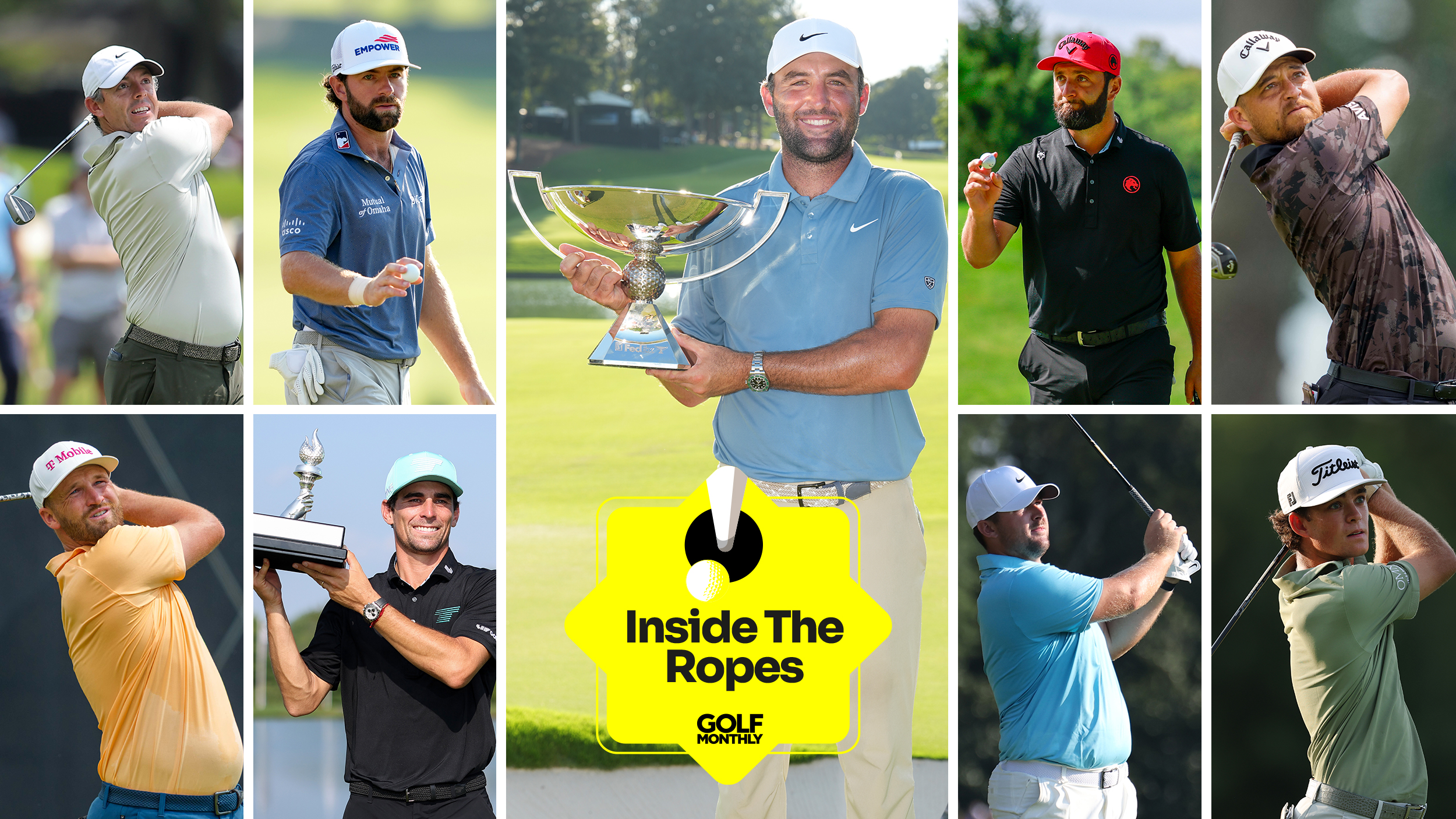 Scottie Scheffler centered with eight golfers to the right and left with a yellow Inside The Ropes logo central