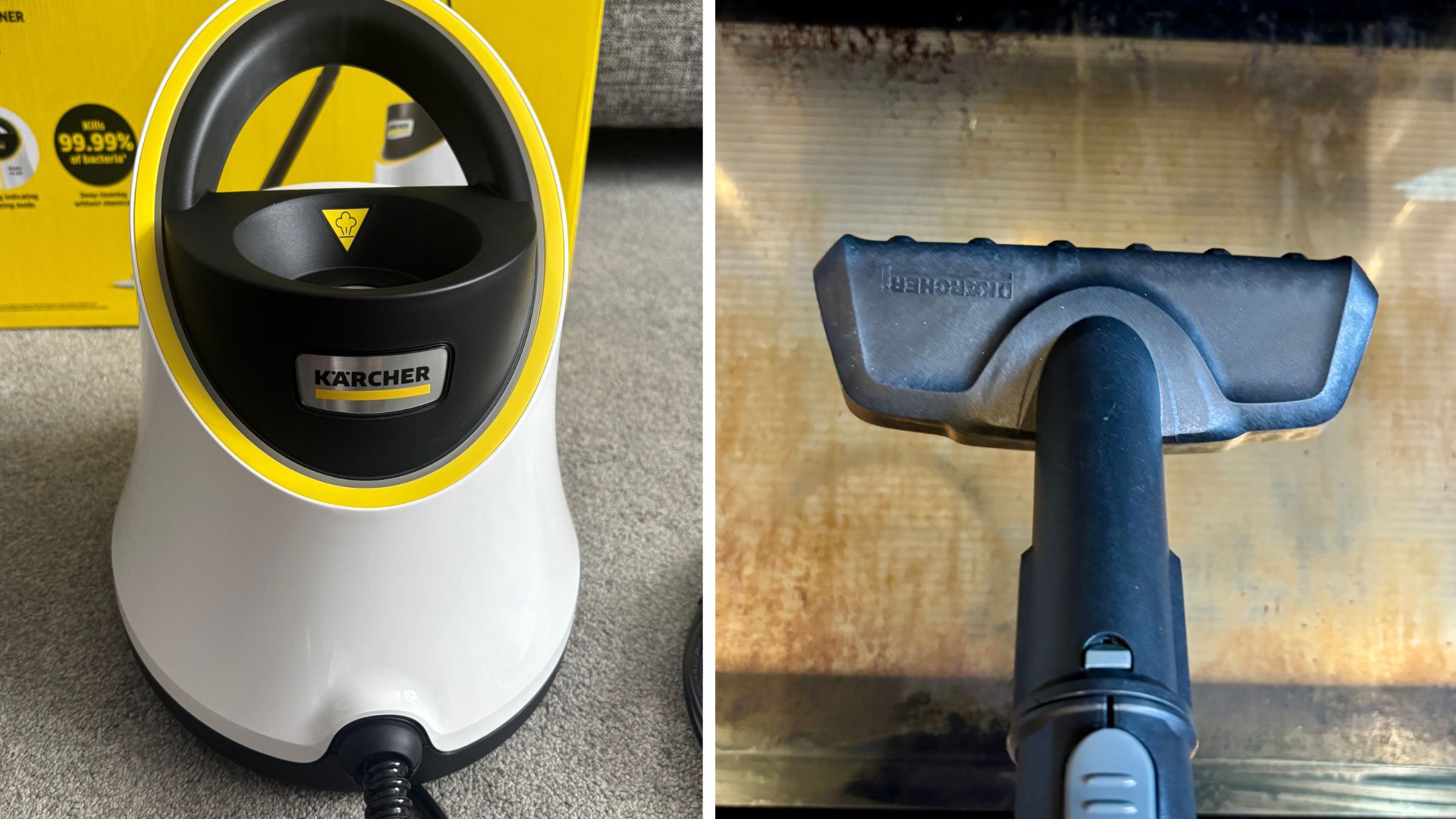 Karcher SC 2 Deluxe Steam Cleaner unit on the left, and the attachment cleaning a dirty oven on the right 