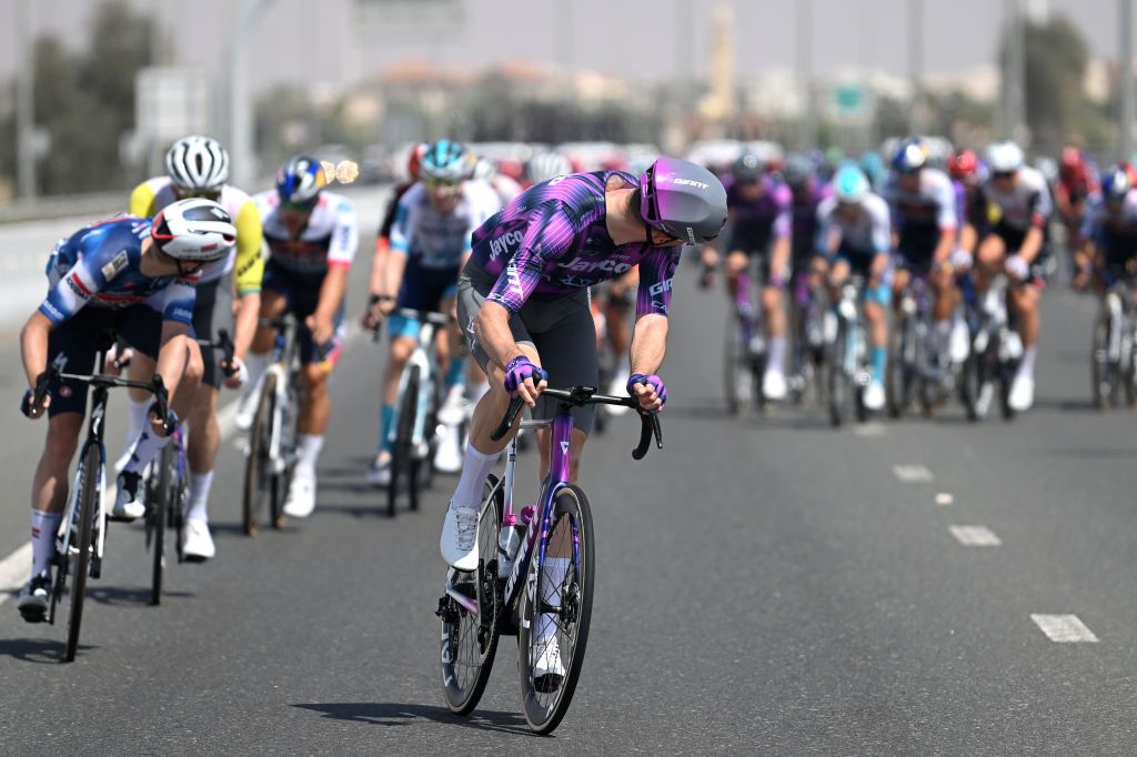 JEBEL HAFEET UNITED ARAB EMIRATES FEBRUARY 23 Luke Durbridge of Australia and Team Jayco AlUla attacks during the 7th UAE Tour Stage 7 a 176km stage from Al Ain Hazza Bin Zayed Stadium to Jebel Hafeet 1031m UCIWWT on February 23 2025 in Jebel Hafeet United Arab Emirates Photo by Dario BelingheriGetty Images