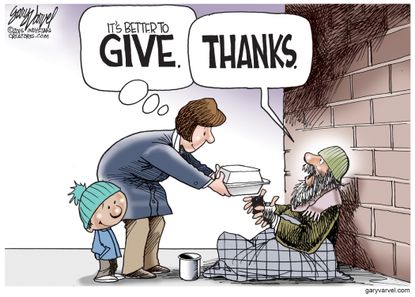 Editorial cartoon U.S. Thanksgiving Day giving back