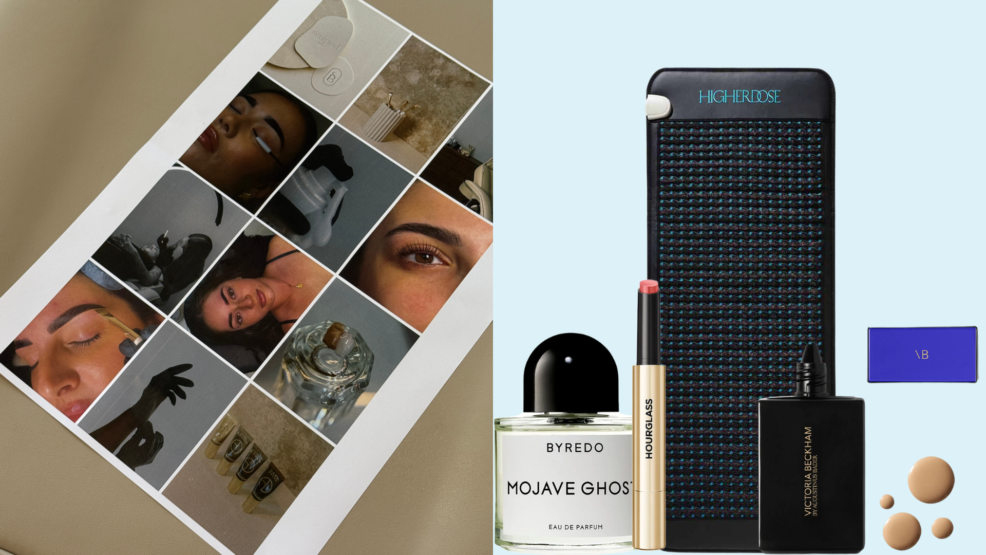 Collage of Bluemercury beauty products and a mood board of women with glowing skin