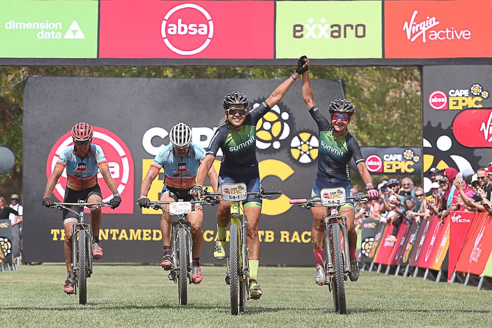 Candice Lill and Adelheid Morath of Summit Fin celebrate winning stage 5 of the 2019 Absa Cape Epic