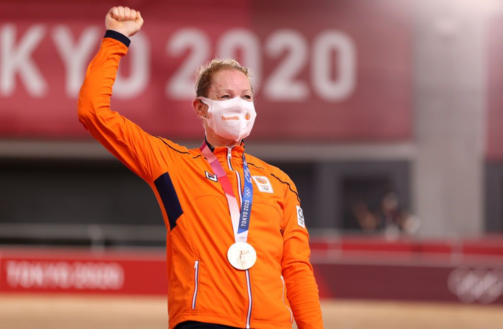 IZU JAPAN AUGUST 08 Silver medalist Kirsten Wild of Team Netherlands poses on the podium during the medal ceremony after the Womens Omnium finals of the track cycling on day sixteen of the Tokyo 2020 Olympic Games at Izu Velodrome on August 08 2021 in Izu Shizuoka Japan Photo by Justin SetterfieldGetty Images