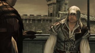 A screen shot from Assassin's Creed II feature a man in a white hood
