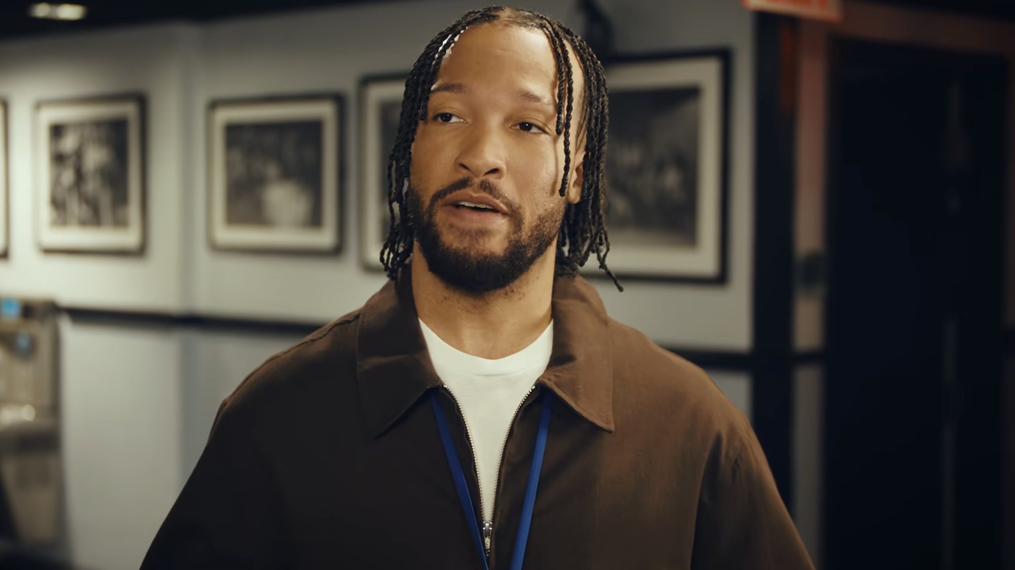 Jalen Brunson has a conversation with Ben Marshall in the SNL offices during a pre-recorded sketch for Saturday Night Live.