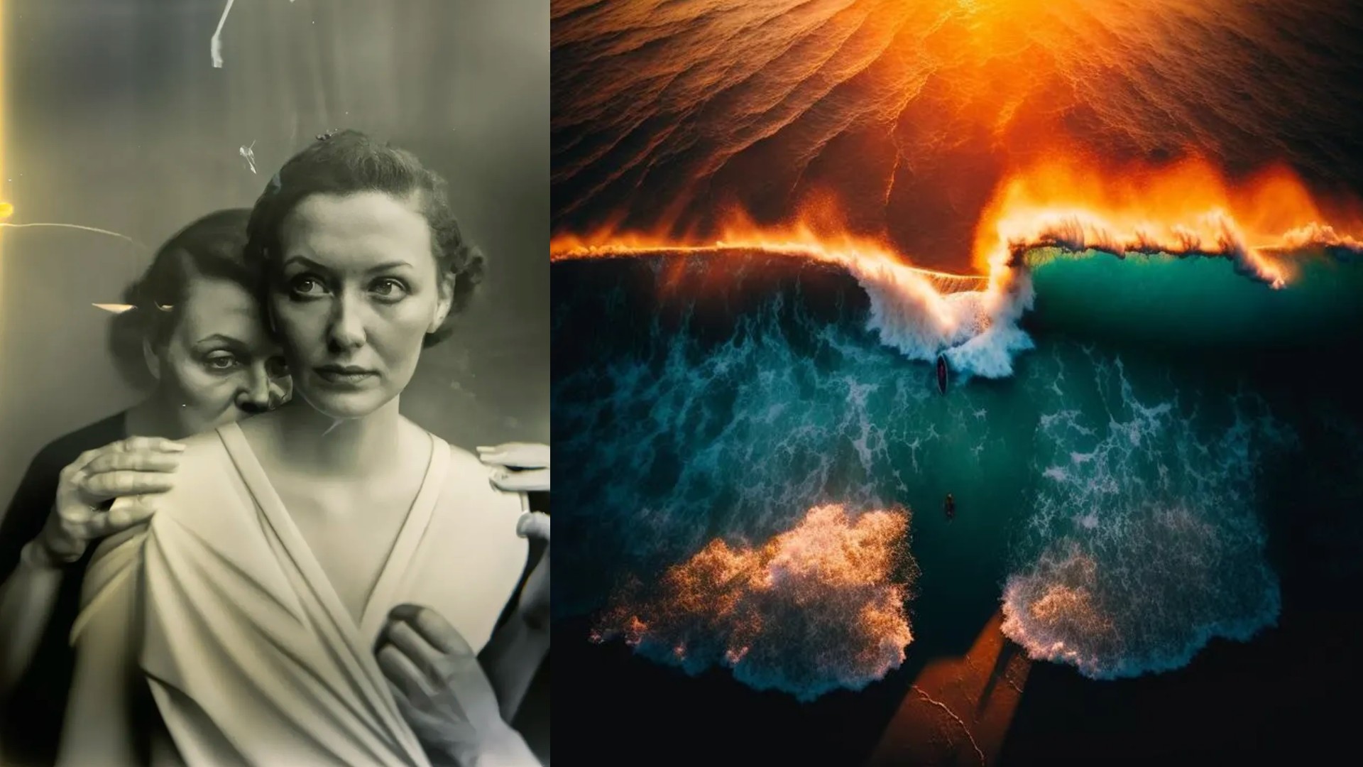 Two AI images. On the left, vintage-style portrait portrays two women, one in the foreground with a draped garment and another partially visible behind her, creating an intriguing and somewhat intense composition. On the right, an aerial view depicts a massive, fiery orange and yellow-crested wave breaking in the deep teal ocean.