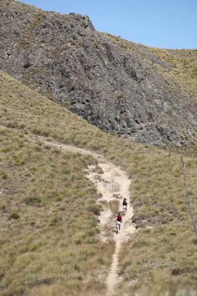 A team of riders descends onto Browns Saddle at the top of Inverary Station during stage one.
